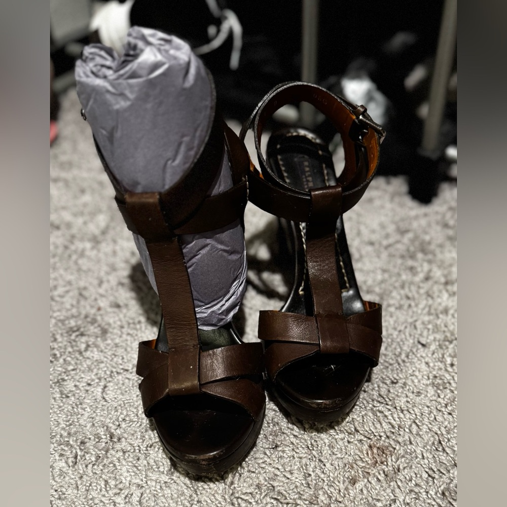 Ralph Lauren Dark Brown Leather T-Strap Platform Heels